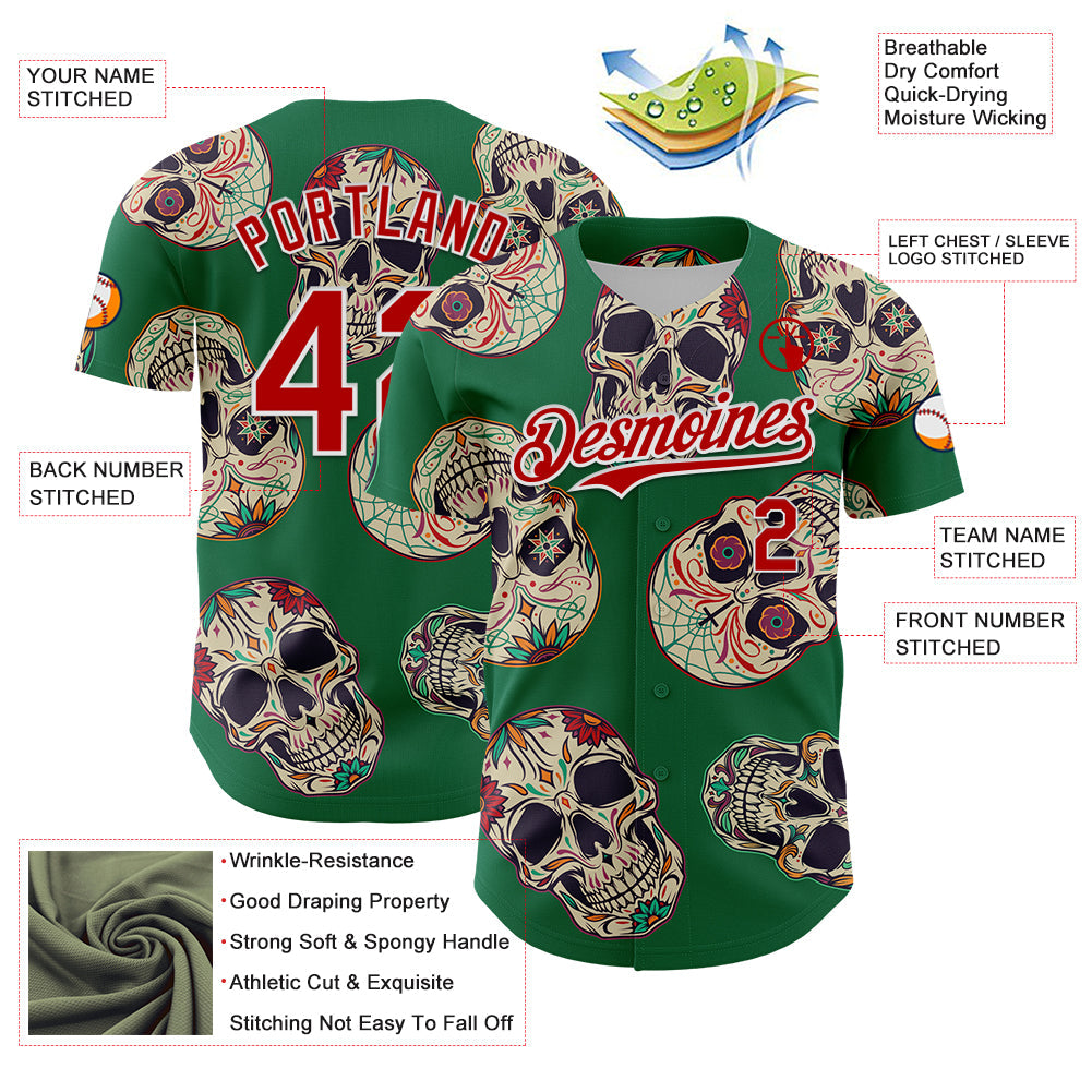 Custom Kelly Green Red-White 3D Mexican Skull Authentic Baseball Jersey - Sky-Custom