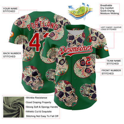 Custom Kelly Green Red-White 3D Mexican Skull Authentic Baseball Jersey - Sky-Custom
