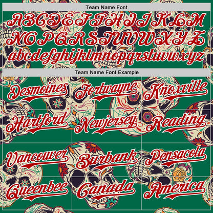 Custom Kelly Green Red-White 3D Mexican Skull Authentic Baseball Jersey - Sky-Custom
