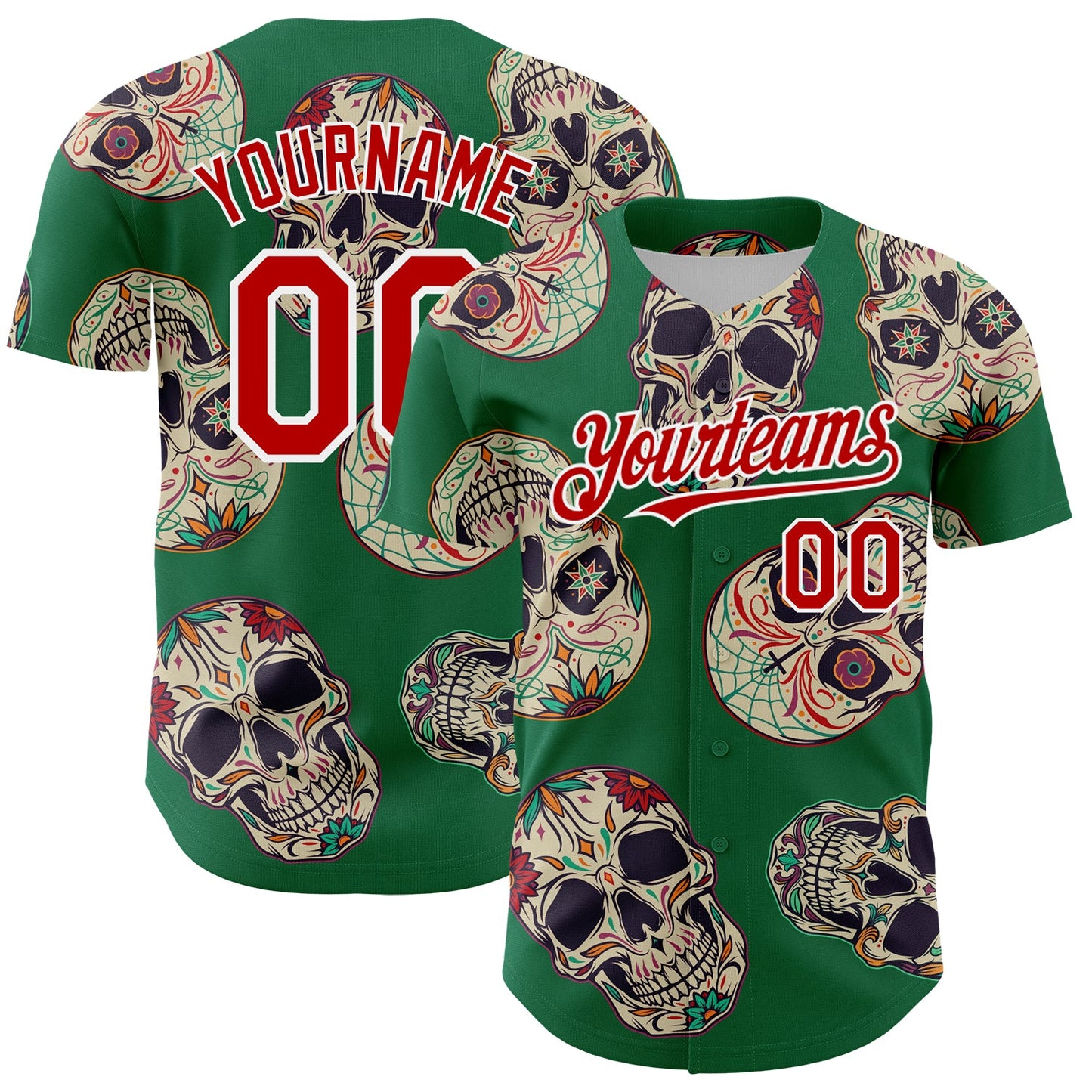 Custom Kelly Green Red-White 3D Mexican Skull Authentic Baseball Jersey - Sky-Custom