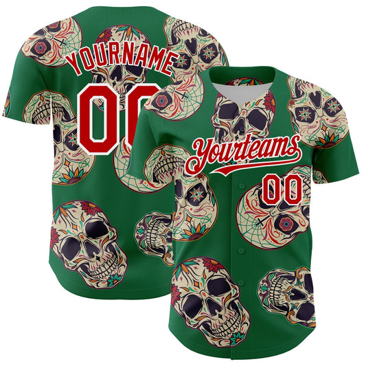 Custom Kelly Green Red-White 3D Mexican Skull Authentic Baseball Jersey - Sky-Custom