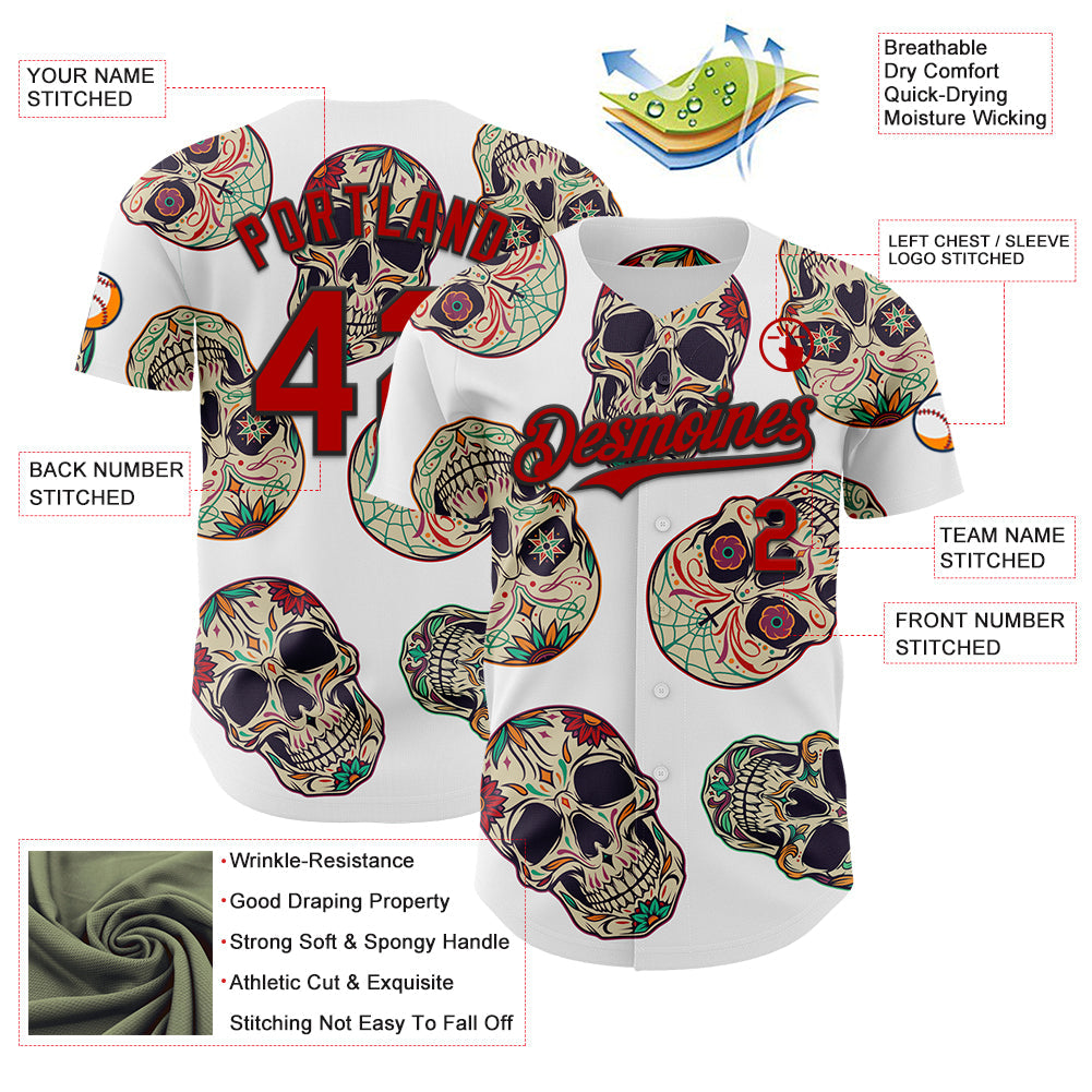 Custom White Red-Black 3D Mexican Skull Authentic Baseball Jersey - Sky-Custom