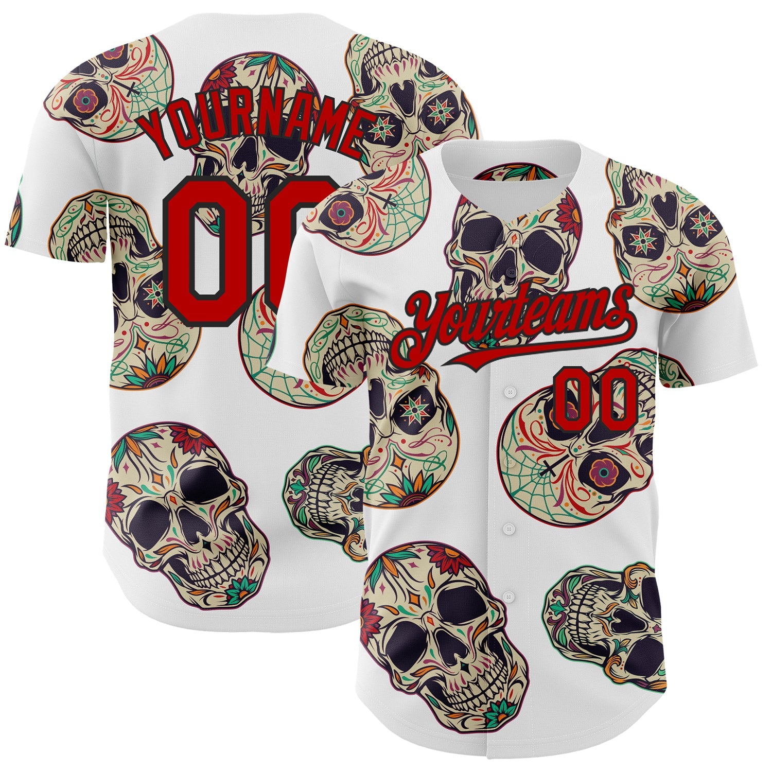 Custom White Red-Black 3D Mexican Skull Authentic Baseball Jersey - Sky-Custom