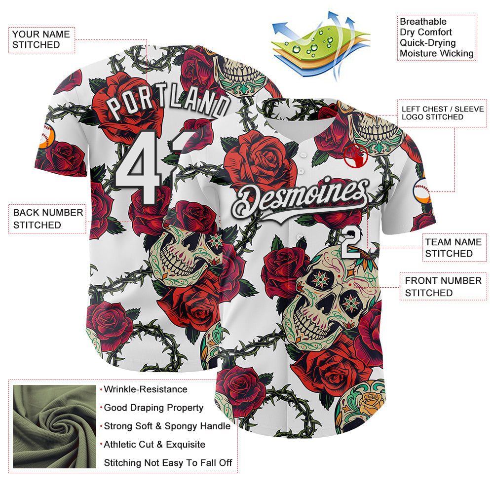 Custom White Black 3D Mexican Skull And Flower Authentic Baseball Jersey - Sky-Custom