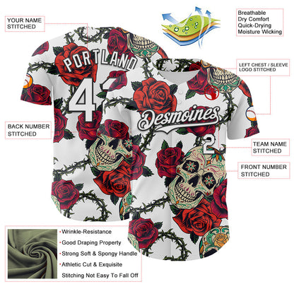 Custom White Black 3D Mexican Skull And Flower Authentic Baseball Jersey - Sky-Custom