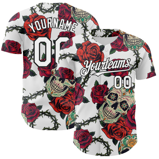 Custom White Black 3D Mexican Skull And Flower Authentic Baseball Jersey - Sky-Custom
