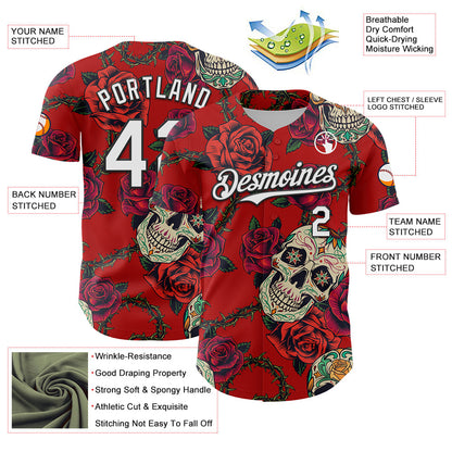 Custom Red White-Black 3D Mexican Skull And Flower Authentic Baseball Jersey - Sky-Custom