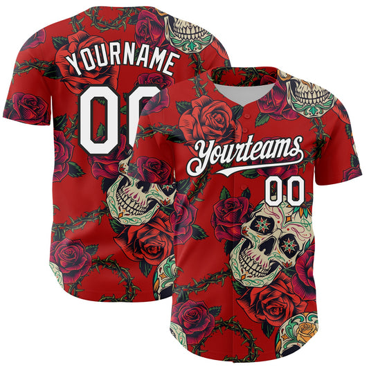 Custom Red White-Black 3D Mexican Skull And Flower Authentic Baseball Jersey - Sky-Custom