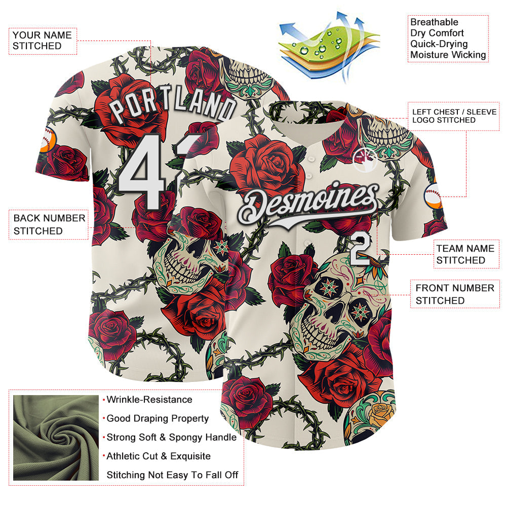 Custom Cream White-Black 3D Mexican Skull And Flower Authentic Baseball Jersey - Sky-Custom