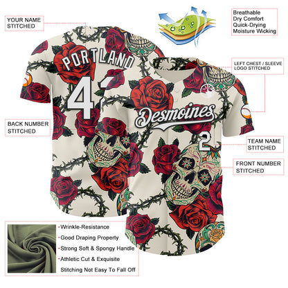 Custom Cream White-Black 3D Mexican Skull And Flower Authentic Baseball Jersey - Sky-Custom
