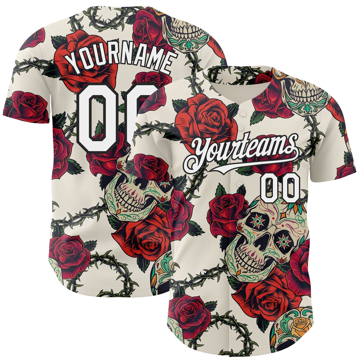 Custom Cream White-Black 3D Mexican Skull And Flower Authentic Baseball Jersey - Sky-Custom