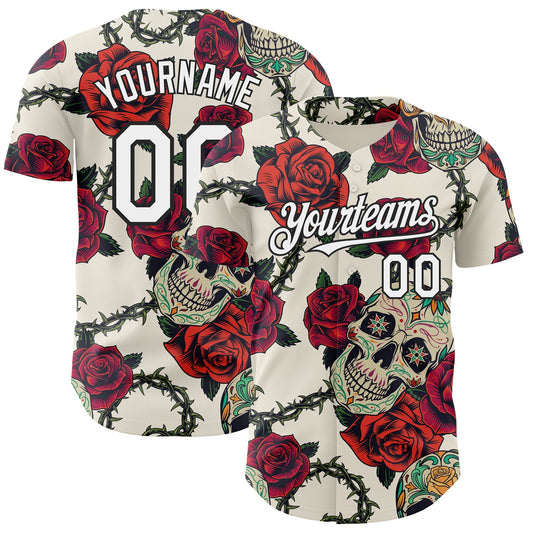 Custom Cream White-Black 3D Mexican Skull And Flower Authentic Baseball Jersey - Sky-Custom