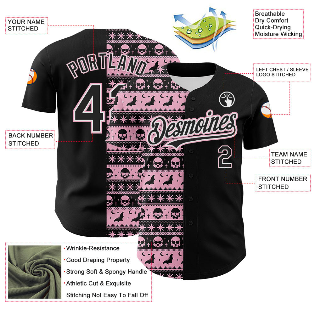 Custom Black Light Pink-White 3D Gothic Skull Authentic Baseball Jersey - Sky-Custom