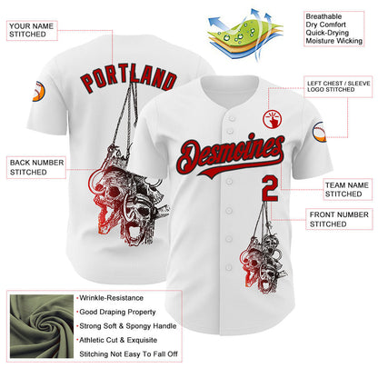 Custom White Red-Black 3D Skull Authentic Baseball Jersey - Sky-Custom