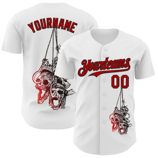 Custom White Red-Black 3D Skull Authentic Baseball Jersey - Sky-Custom