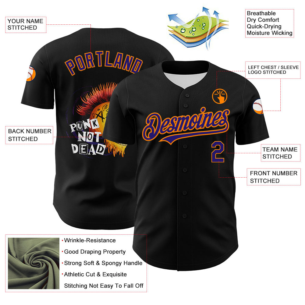 Custom Black Dark Purple-Bay Orange 3D Punk Rock Skull Authentic Baseball Jersey - Sky-Custom