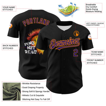 Custom Black Dark Purple-Bay Orange 3D Punk Rock Skull Authentic Baseball Jersey - Sky-Custom