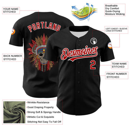 Custom Black Red-White 3D Apache Skull Authentic Baseball Jersey - Sky-Custom