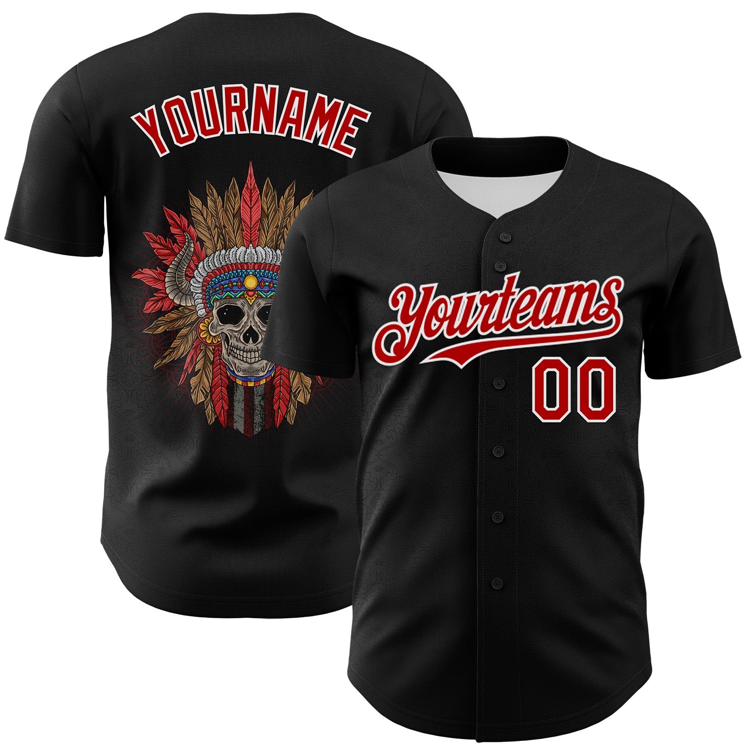 Custom Black Red-White 3D Apache Skull Authentic Baseball Jersey - Sky-Custom