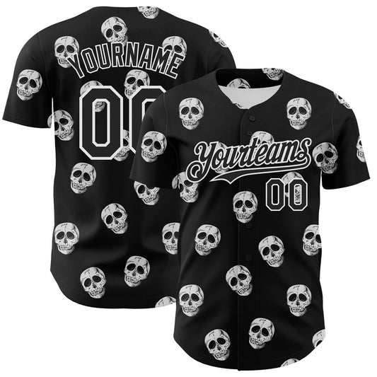 Custom Black White 3D Skull Authentic Baseball Jersey - Sky-Custom