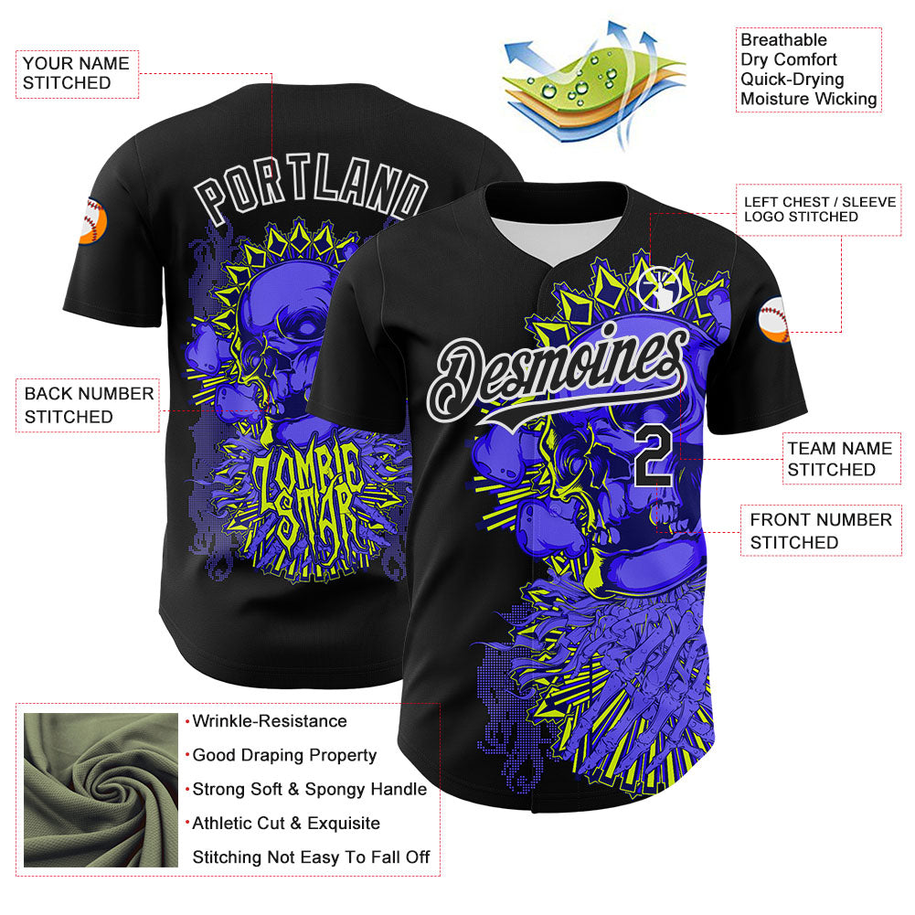 Custom Black White 3D Zombie Skull Authentic Baseball Jersey - Sky-Custom