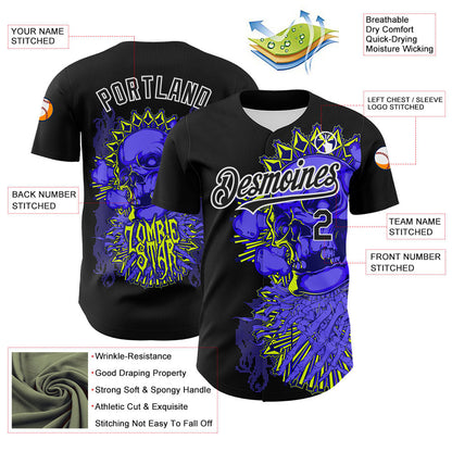 Custom Black White 3D Zombie Skull Authentic Baseball Jersey - Sky-Custom