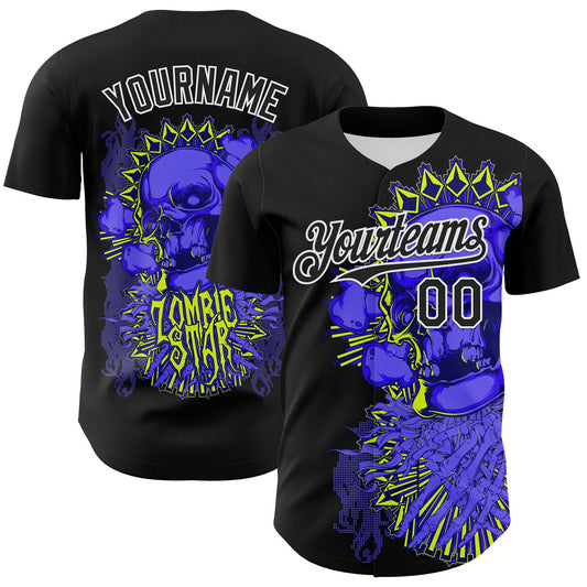 Custom Black White 3D Zombie Skull Authentic Baseball Jersey - Sky-Custom