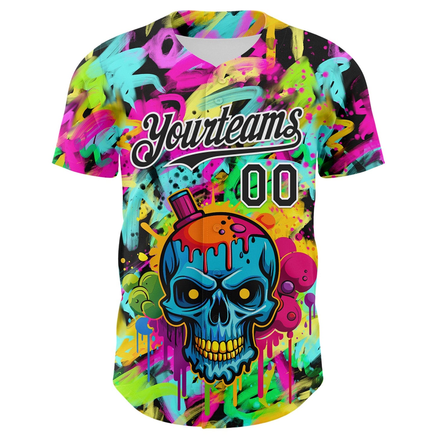 Custom Black White 3D Graffiti Skull Authentic Baseball Jersey - Sky-Custom