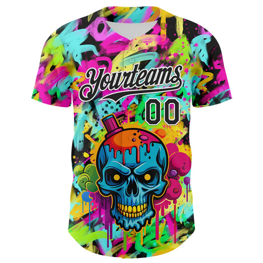 Custom Black White 3D Graffiti Skull Authentic Baseball Jersey - Sky-Custom