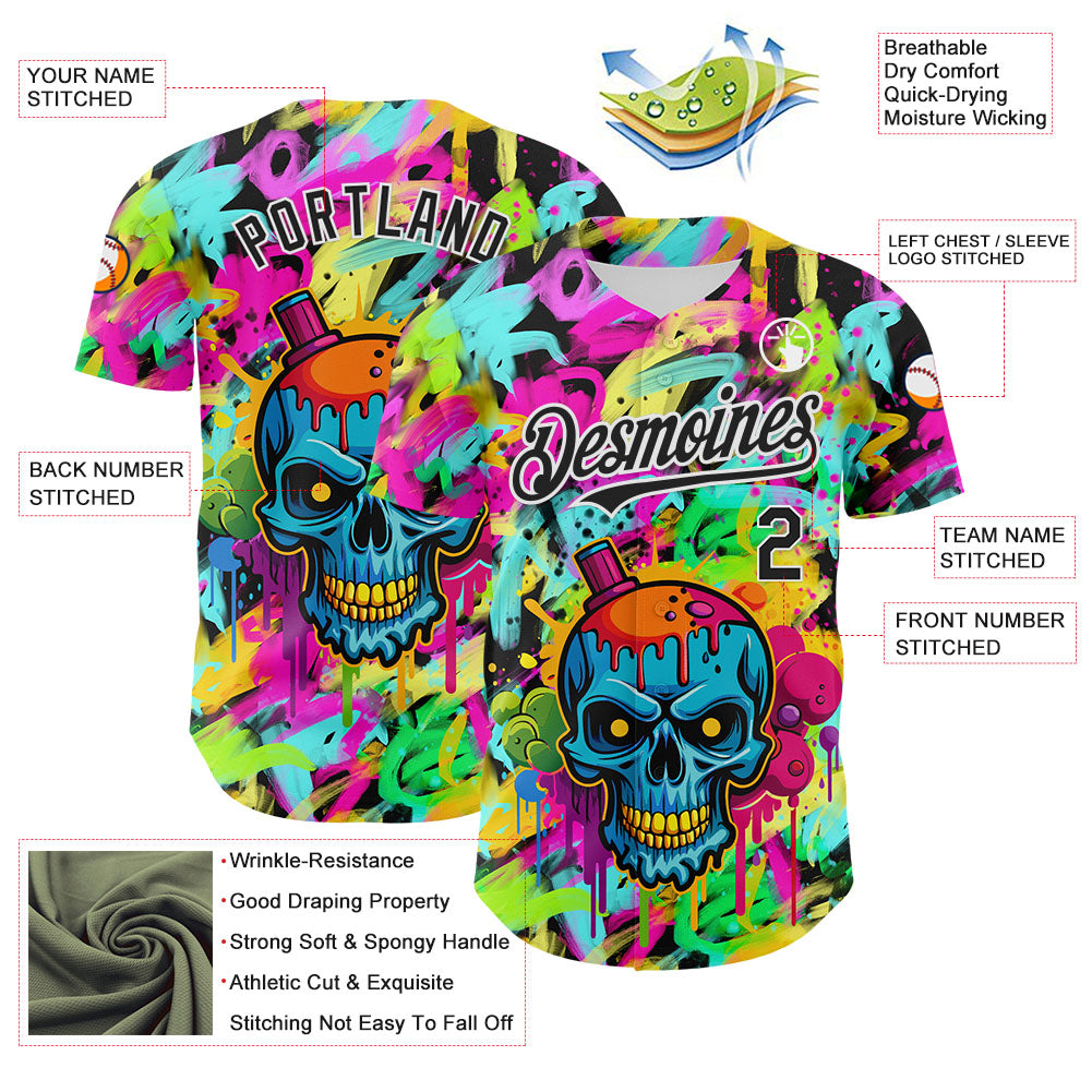 Custom Black White 3D Graffiti Skull Authentic Baseball Jersey - Sky-Custom
