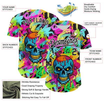 Custom Black White 3D Graffiti Skull Authentic Baseball Jersey - Sky-Custom