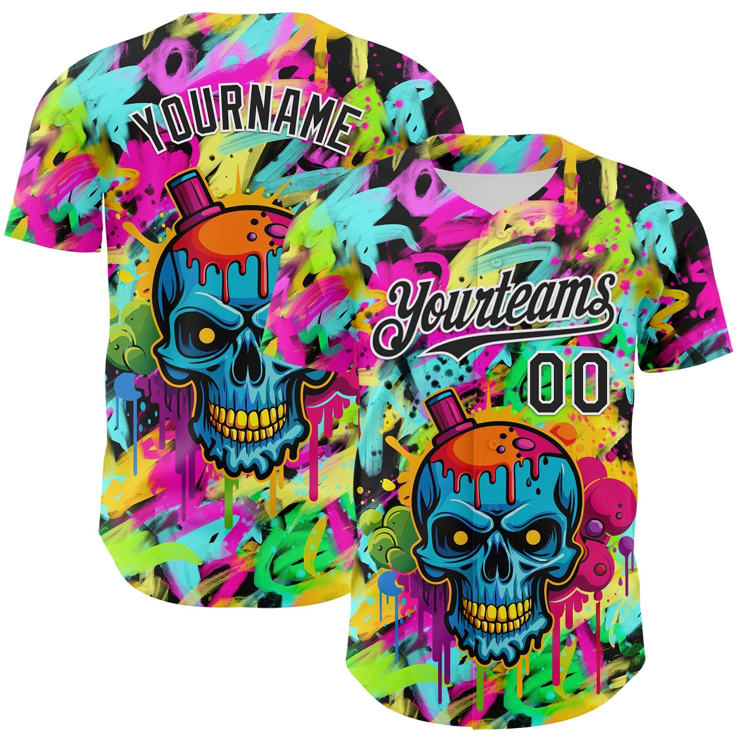Custom Black White 3D Graffiti Skull Authentic Baseball Jersey - Sky-Custom