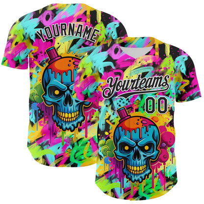 Custom Black White 3D Graffiti Skull Authentic Baseball Jersey - Sky-Custom