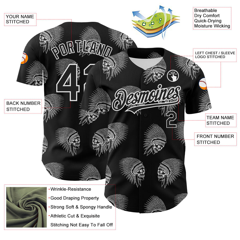 Custom Black White 3D Apache Skull Authentic Baseball Jersey - Sky-Custom