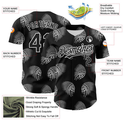 Custom Black White 3D Apache Skull Authentic Baseball Jersey - Sky-Custom