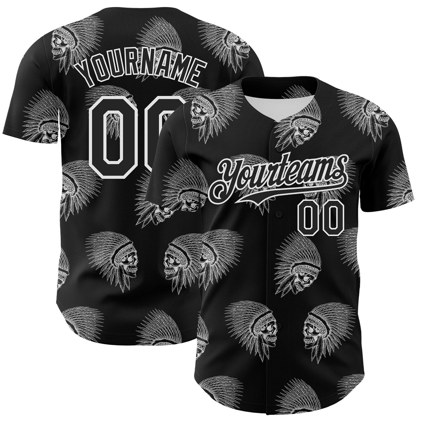 Custom Black White 3D Apache Skull Authentic Baseball Jersey - Sky-Custom