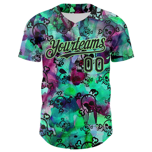 Custom Pea Green Black 3D Graffiti Skull Authentic Baseball Jersey - Sky-Custom