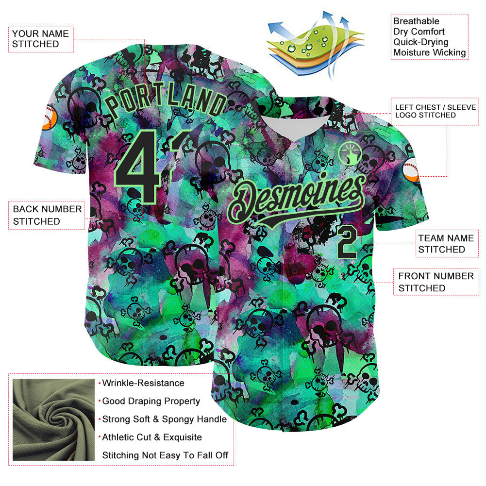 Custom Pea Green Black 3D Graffiti Skull Authentic Baseball Jersey - Sky-Custom
