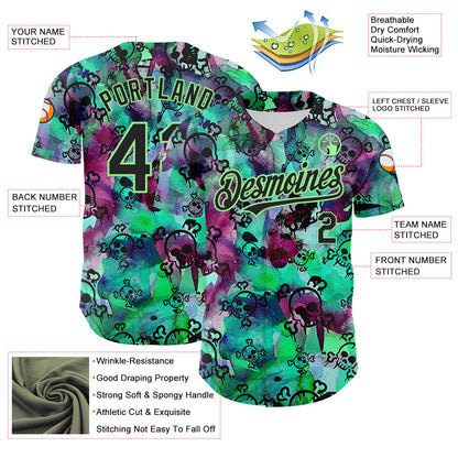 Custom Pea Green Black 3D Graffiti Skull Authentic Baseball Jersey - Sky-Custom