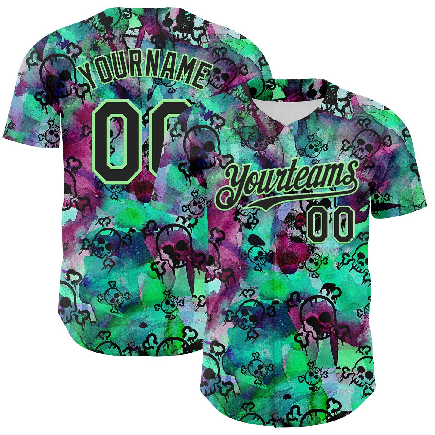 Custom Pea Green Black 3D Graffiti Skull Authentic Baseball Jersey - Sky-Custom