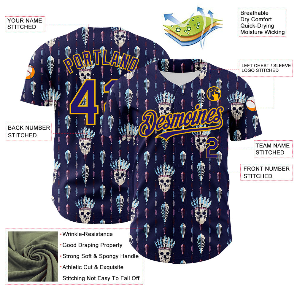 Custom Blue Dark Purple-Gold 3D Apache Skull Authentic Baseball Jersey - Sky-Custom