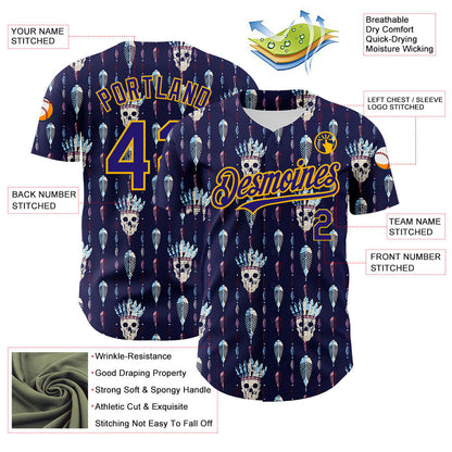 Custom Blue Dark Purple-Gold 3D Apache Skull Authentic Baseball Jersey - Sky-Custom
