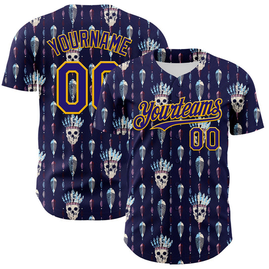 Custom Blue Dark Purple-Gold 3D Apache Skull Authentic Baseball Jersey - Sky-Custom