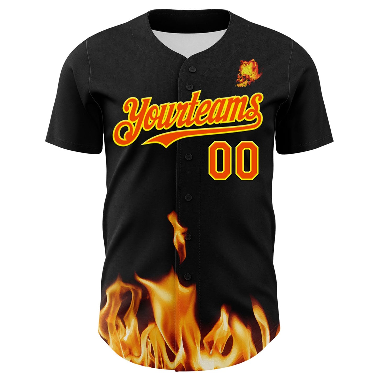 Custom Black Orange-Light Yellow 3D Flame? Skull Authentic Baseball Jersey - Sky-Custom