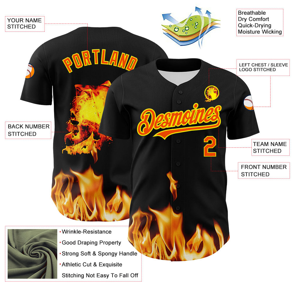 Custom Black Orange-Light Yellow 3D Flame? Skull Authentic Baseball Jersey - Sky-Custom
