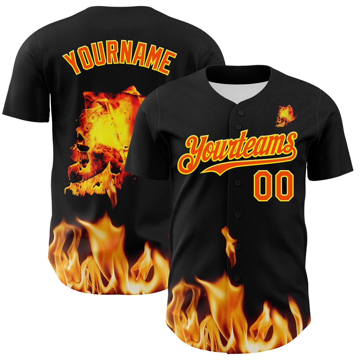 Custom Black Orange-Light Yellow 3D Flame? Skull Authentic Baseball Jersey - Sky-Custom