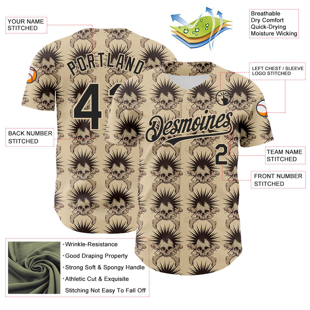 Custom City Cream Black 3D Skull Authentic Baseball Jersey - Sky-Custom