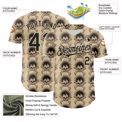 Custom City Cream Black 3D Skull Authentic Baseball Jersey - Sky-Custom
