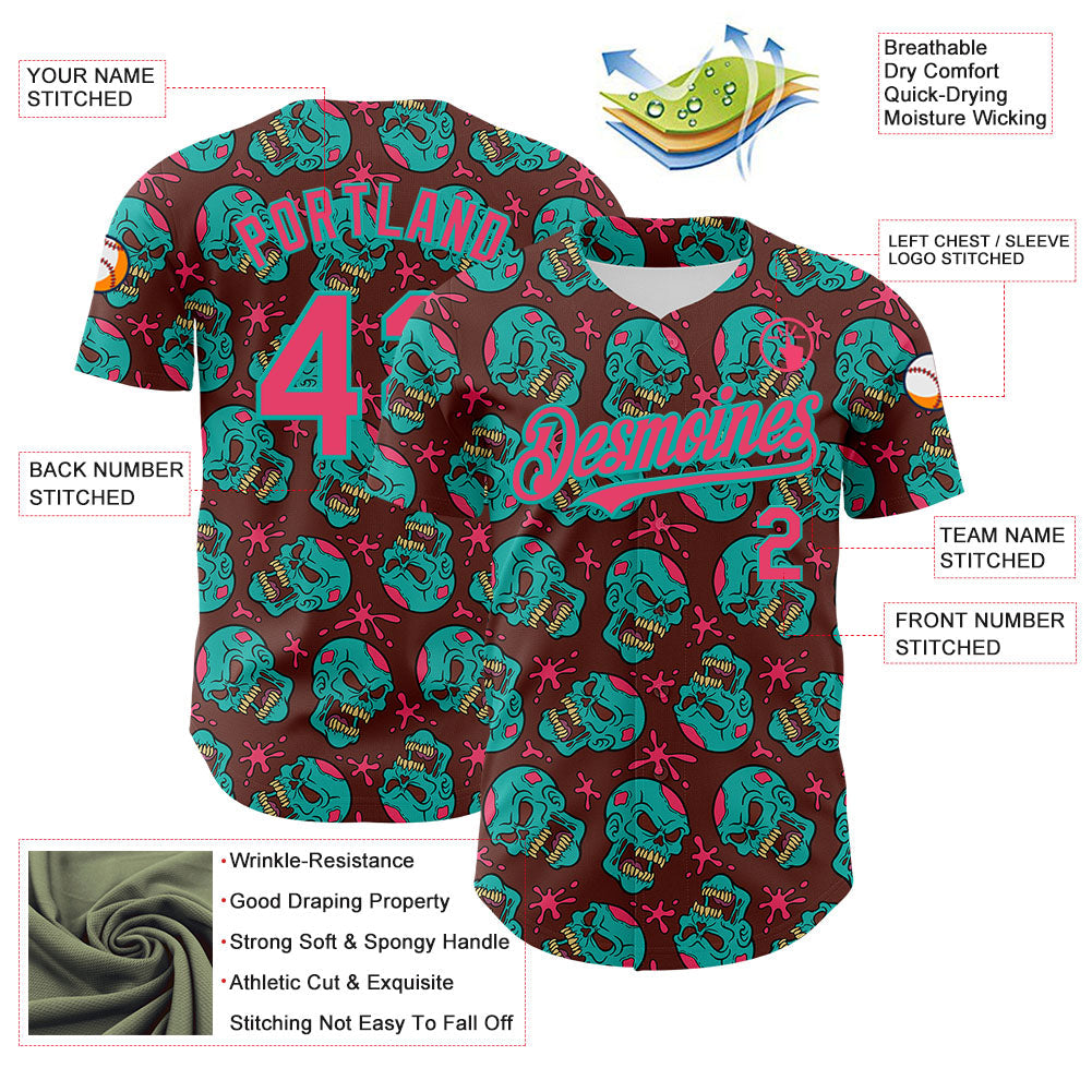 Custom Brown Neon Pink-Aqua 3D Zombie Skull Authentic Baseball Jersey - Sky-Custom