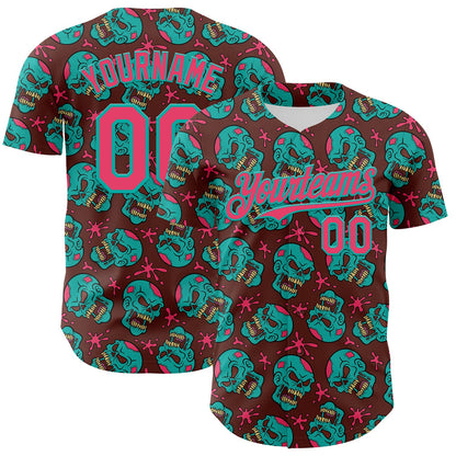 Custom Brown Neon Pink-Aqua 3D Zombie Skull Authentic Baseball Jersey - Sky-Custom